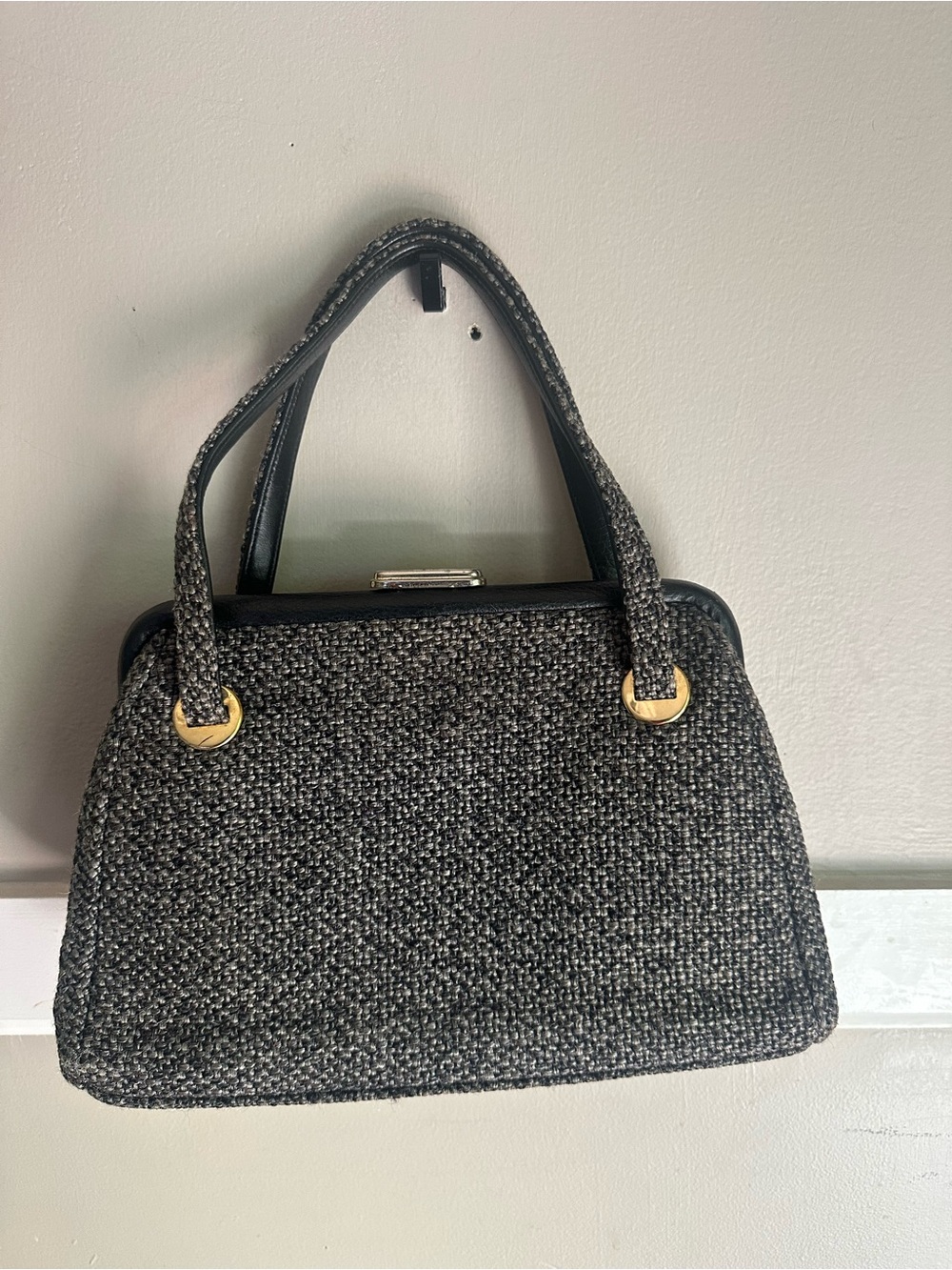 Vintage Tweed Top Handle Handbag, Charcoal Grey, 1950s JR Julius Resnick